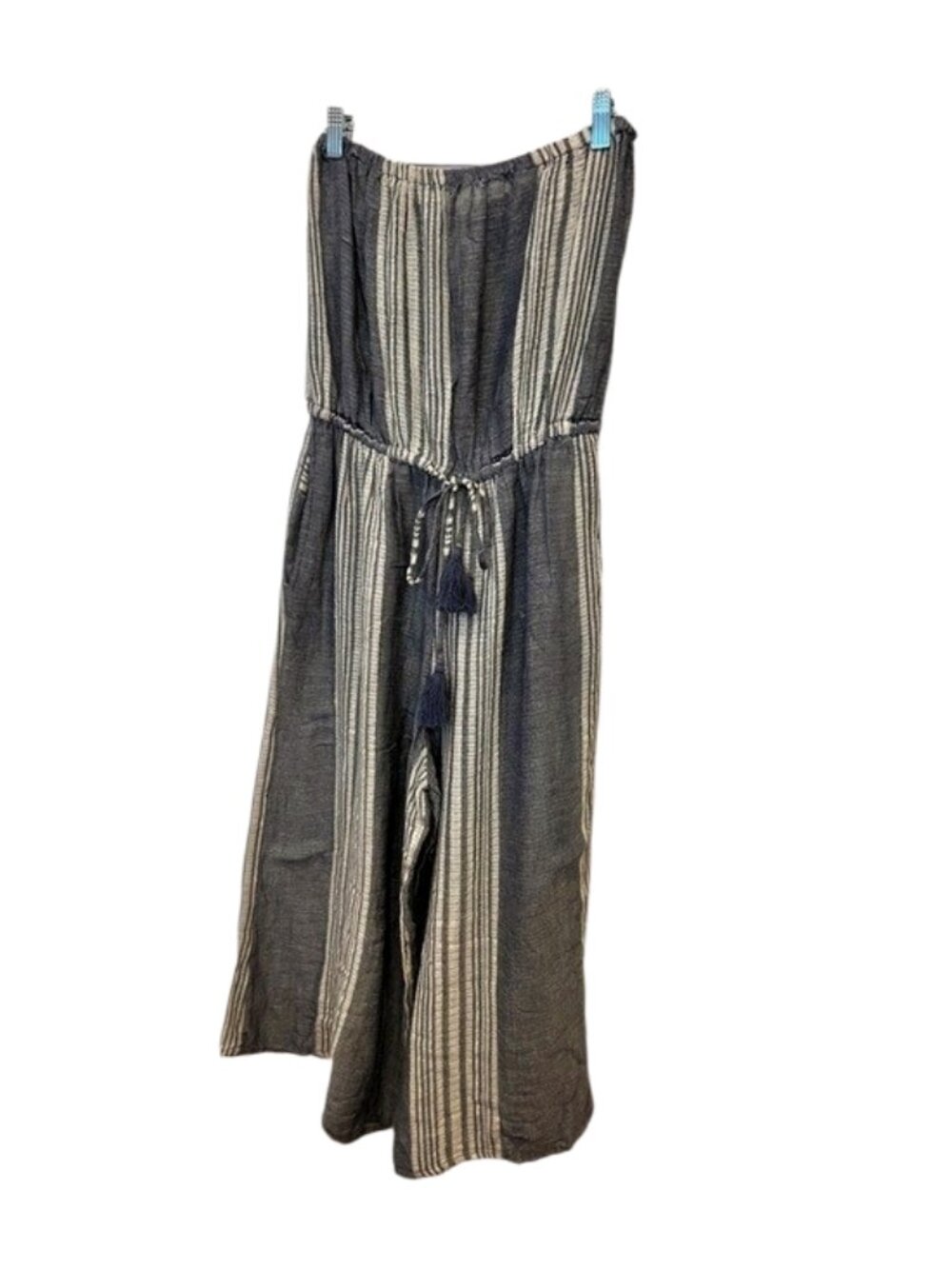 Elan Gray & White Striped Strapless Cropped Jumpsuit